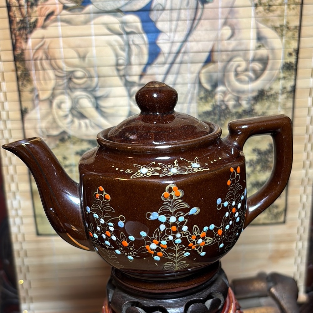 Hand Painted Teapot Creamer Brown Ceramic Floral 6”Lx4.25”Hx3.75”W Mid Century